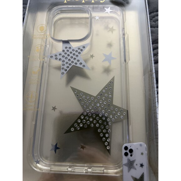 XO Poppy IPhone Glitz & Glam Case 14 PROMAX  Silver And Gold Glitter Stars New - Picture 2 of 4